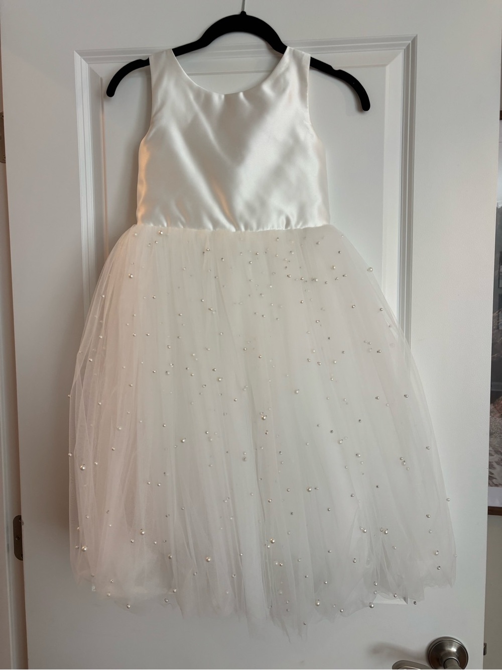 Flower girl dress, tea length, pearl, tulle & satin, size 7-8